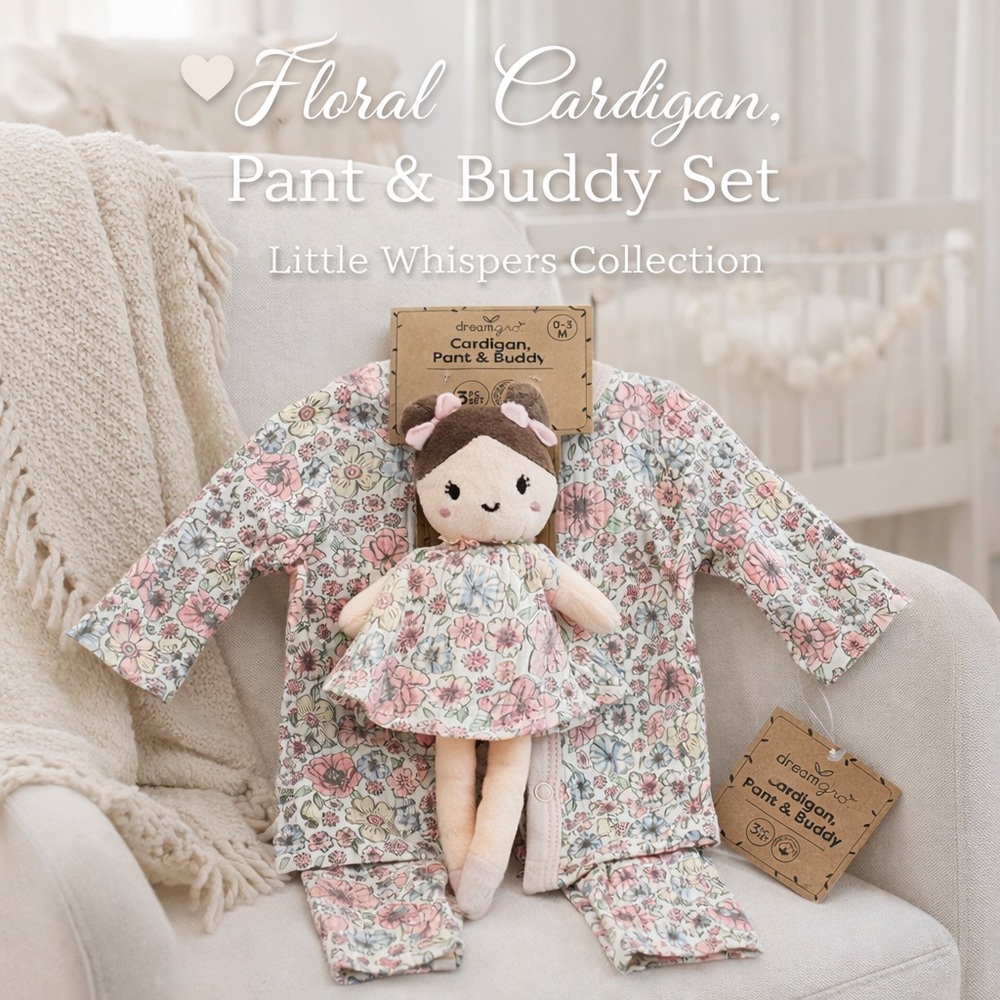 🌸 Dreamgro Floral Cardigan, Pant & Buddy Set | NWT | 0–3 Months 🌸